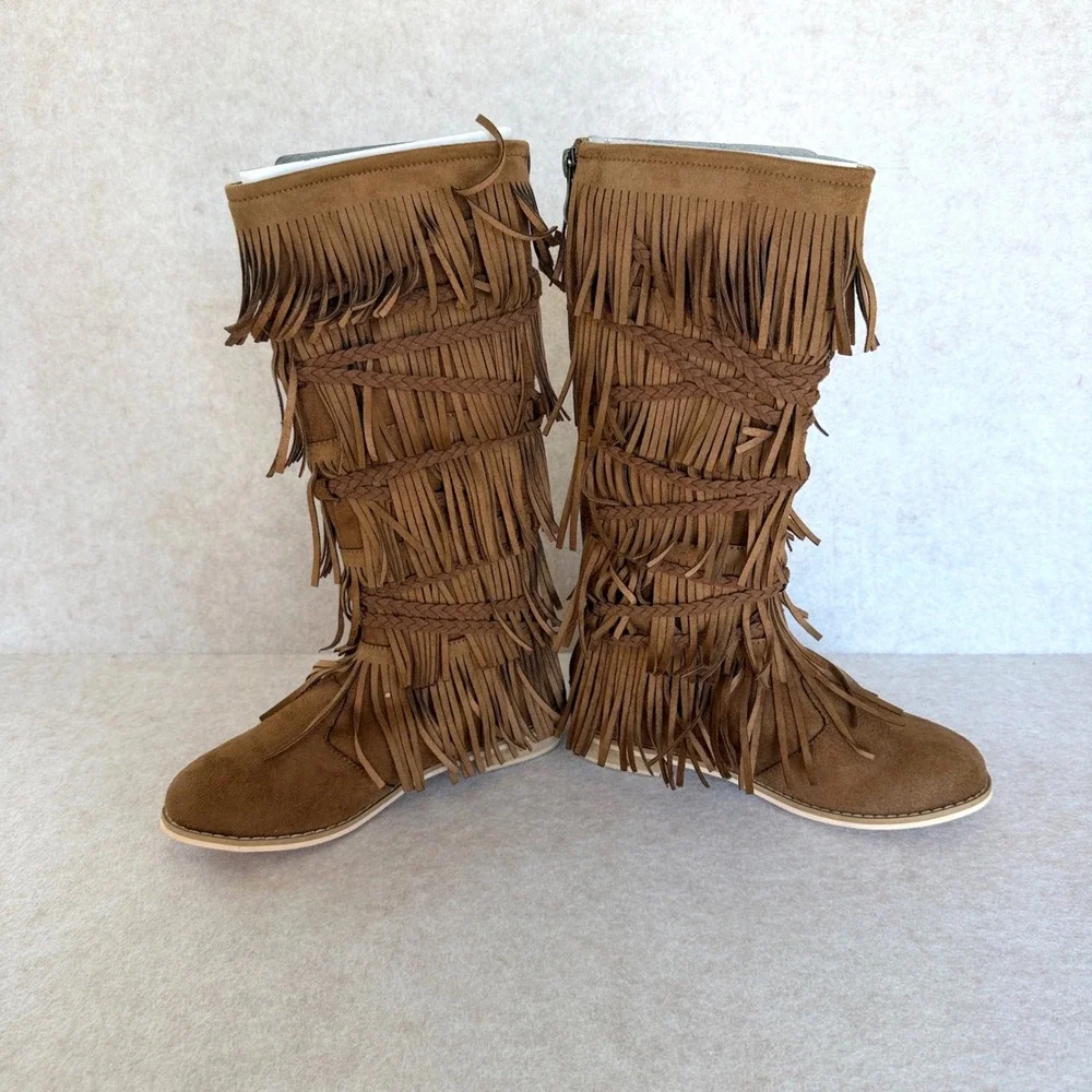 Joyfolie Kids Riley Boot Tan Girls size 1Y Vegan Suede Fringe Braided Boho Boots